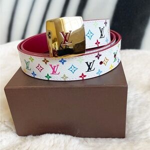 Louis Vuitton White Multicolor Belt with Gold Buckle